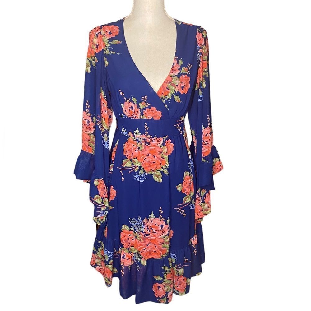Betsey Johnson Wms Sz 10 Blue Floral V Neck Zipper Tie Ruffle Bell Sleeve Dress